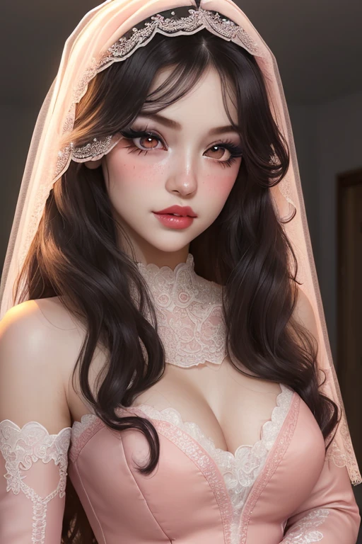 1 girl, upper body shot, detailed face, cute face, peach skin tone, smooth skin, blush red cheeks and face, light smirk, long curly hair, attractive makeup, heavy makeup, long eyelashes, long eyeliner, excessive eye makeup, black smokey eyeshadow, heavy eyeshadow, glossy baby pink lipstick, glossy lips, heavy makeup, wedding gown, shoulderless, long separate sleeves, lace veil, soft light