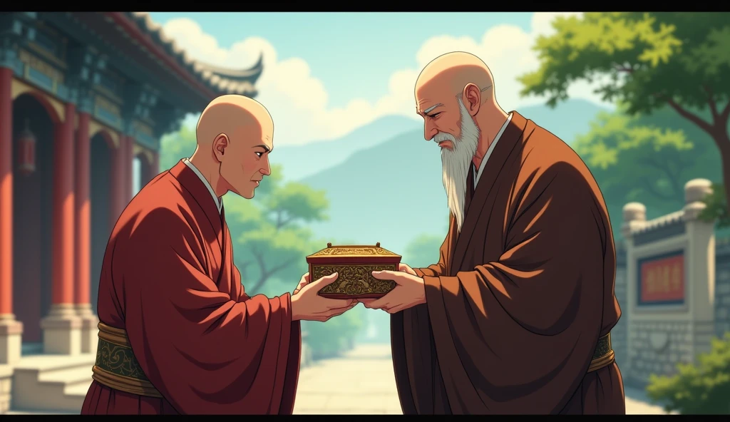 Chinese bald old monk sensei giving a tiny box to his bald monk student, fat, standing, in anime style, beautiful scenario, temple's, trees, wisdom full,