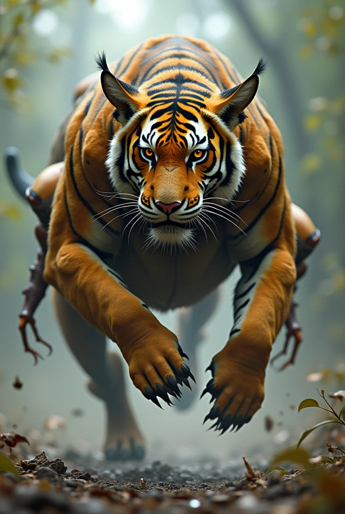 Picture a bizarre and terrifying creature that is a fusion of a grasshopper and a tiger—a monstrous hybrid with the muscular build of a tiger, yet possessing the powerful, spring-loaded legs of a grasshopper. Its body is covered in sleek fur and jagged exoskeleton plates, giving it both flexibility and protection. This beast can leap great distances with incredible speed, its eyes gleaming with predatory focus. With every bound, its claws extend, ready to strike with lightning-fast precision. A horrifying blend of brute strength and agility, this creature is a nightmare in motion, moving with both the grace of a predator and the relentless energy of an insect.