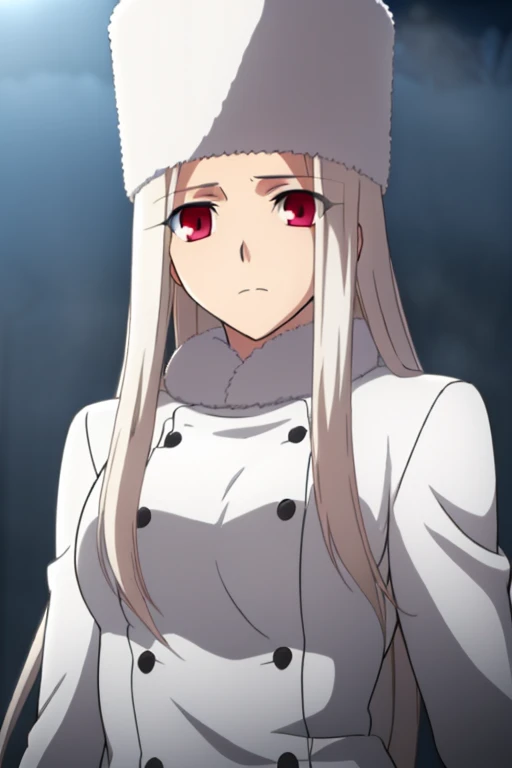Irisviel Von Einzbern, (large breasts), oversized breasts, long hair, (platinum-blonde hair), white fur coat, white fur hat, solo, facing the viewer, looking at the viewer, sad facial expression, (night time), (foggy weather), (snow), close-up, view from below