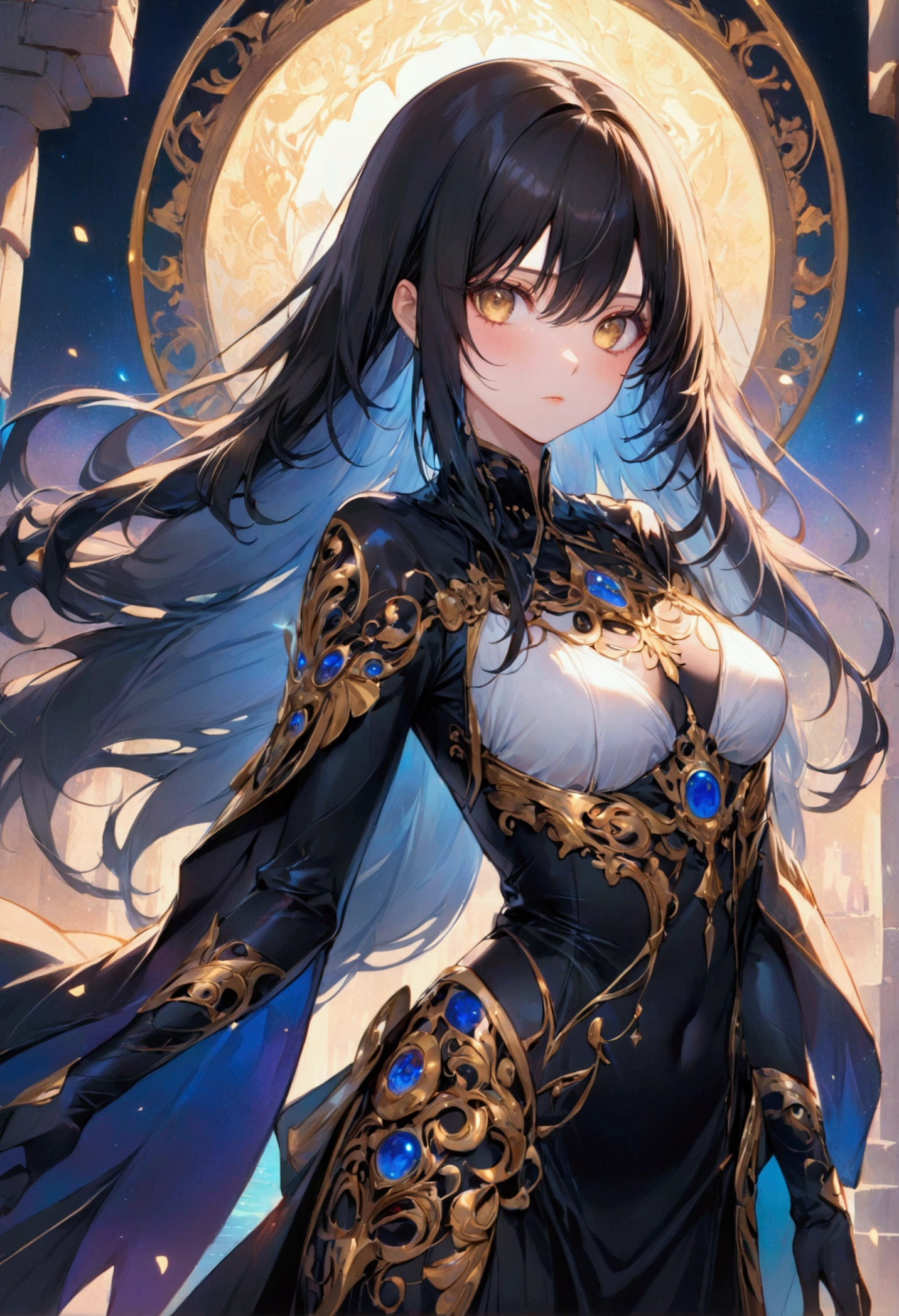 Anime girl with long straight black hair with white highlights, golden eyes,assassin clothes, detailed body, detailed eyes, masterpiece, best quality, aesthetic, standard pose, 8k, high resolution, ultra-sharp.
