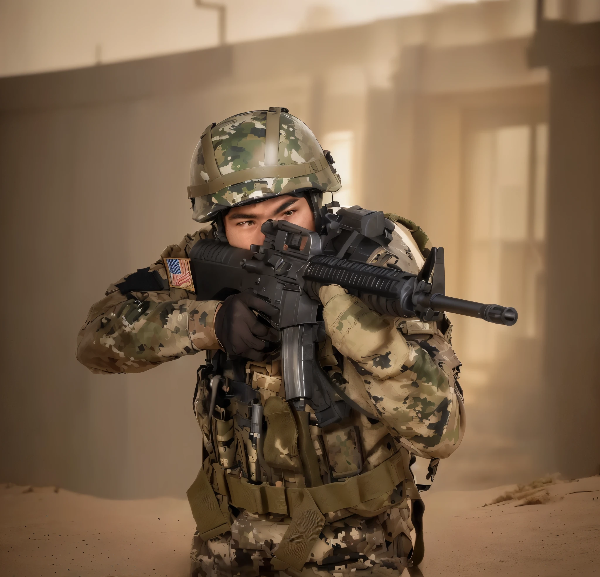 arafed soldier with a gun in his hand and a helmet on, a soldier aiming a gun, airsoft cqb, airsoft gun, shoulder mounted gun, man is carrying a rifle, wielding assault rifle, holding rifle, top shot, airsoft electric pistol, handling riffle on chest, military weaponry, battle action pose, holding a rifle, realistic soldiers, M16A2, new york