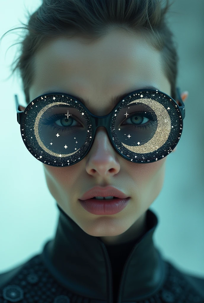 The model is wearing glass sunglasses with stars and moons painted on the glass.