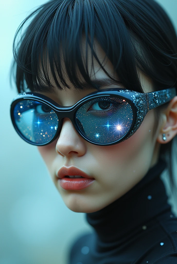 The model is wearing glass sunglasses with stars and moons painted on the glass.