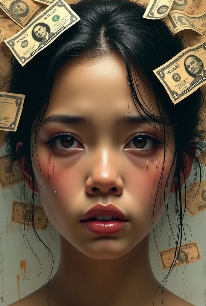 draw a woman Philippine face with marcial law notes and cryinh