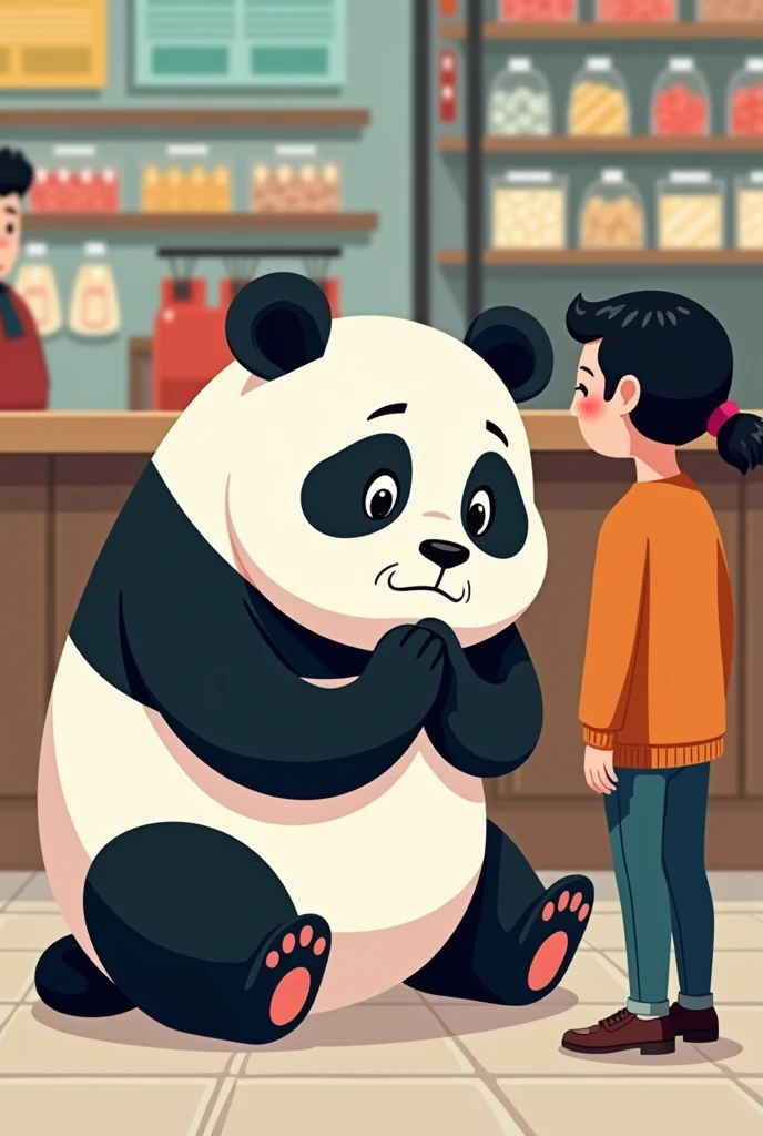 A cartoon panda kneeling in front of a customer,said pitifully: Please forgive me