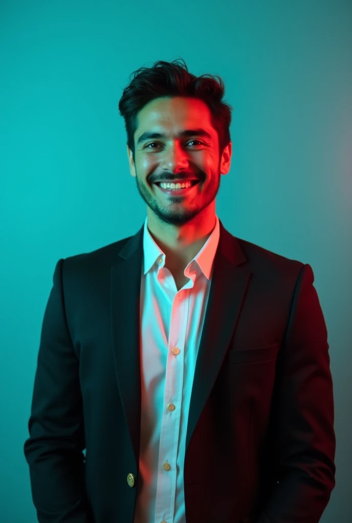 A young Man With Dark hair and a confident smile He is Dressed in a black blazer over a white shirt The man is positioned against aqua colour backdrop with a subtle red lighting on t