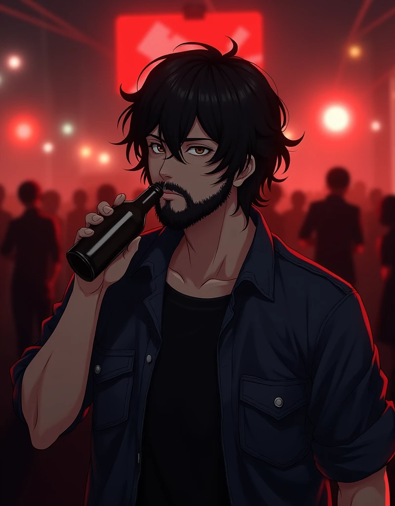 Create a anime style landscape image. Stylized anime portrait photograph with a dark, moody aesthetic. The layout is vertical, focusing on a single male subject in the center. The man has medium-length, wavy hair that is black color. He has a light to medium skin tone and a thick beard. He is wearing a dark denim shirt over a black t-shirt and is holding a bottle to his mouth, appearing to drink from it. The background is blurred with a reddish hue, featuring indistinct shapes and lights, possibly indicating a crowd or a festive environment. The overall color scheme is dominated by dark reds and blacks, giving the image a dramatic and intense feel.
