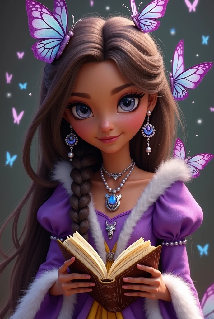 Imagem da filha da Cerise Hood e da Cedar Wood de Ever After High: You must have straight hair with brown waves, white locks and braids, dark brown skin, gray eyes, purple dress with white on top and yellow with purple on the bottom, wolf pendant, butterfly earrings, butterfly elements on clothes and hair and holding a book of fairy tales