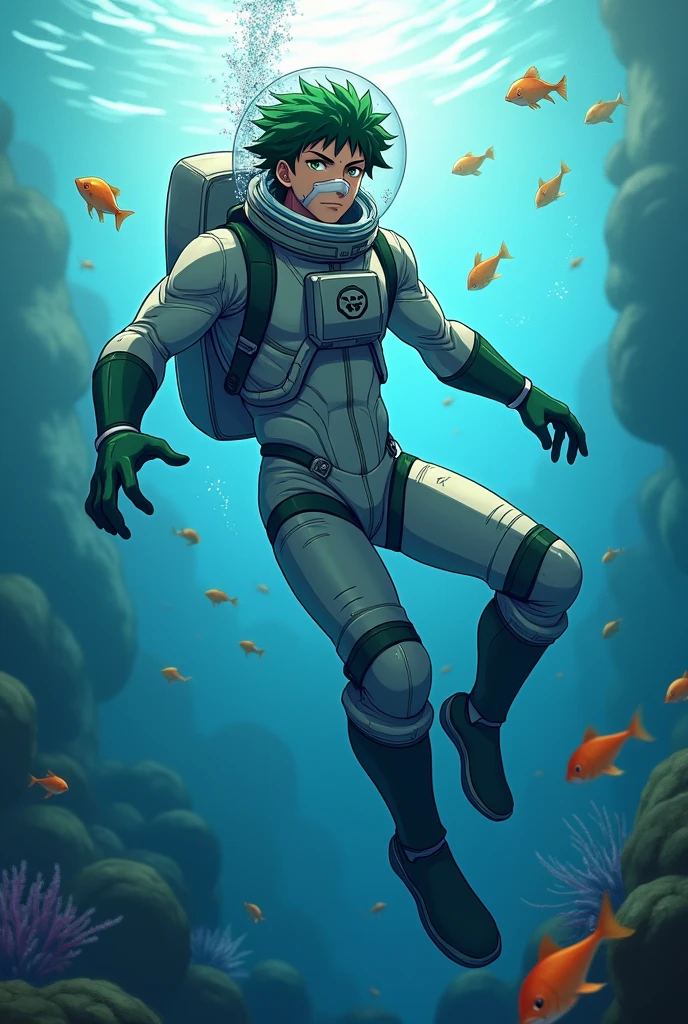 Handsome anime guy Midoriya Izuku is underwater while diving wearing an astronaut suit and wearing a cotton mask inside his astronaut helmet. Diving underwater with sexy pose