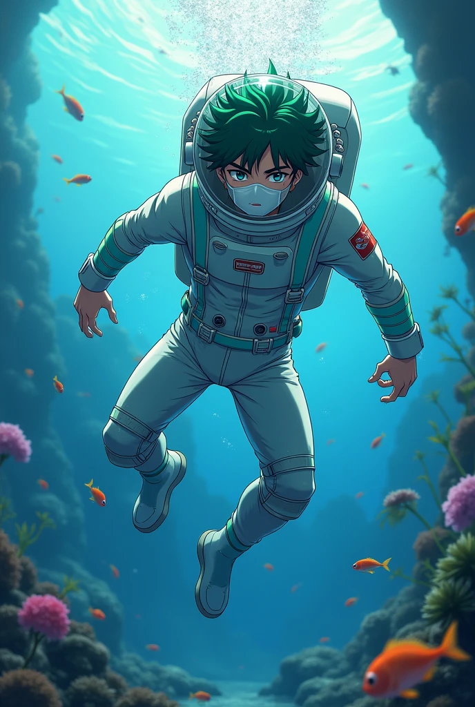 Handsome anime guy Midoriya Izuku is underwater while diving wearing an astronaut suit and wearing a cotton mask inside his astronaut helmet. Diving underwater with sexy pose