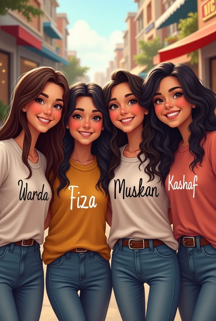 4 female best friend written name on their shirt warda , fiza, muskan, kashaf