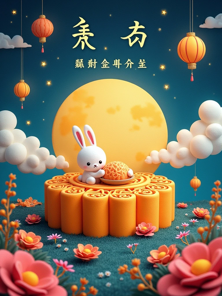 Felt style picture,From a bird's eye view,A huge plush mooncake is like a warm island,Lying there quietly,On mooncakes "Mid-Autumn Festival" The two words are particularly eye-catching,As if telling an ancient reunion story,Surrounded by the peaceful night sky,The hazy clouds are floating like a veil,The sparkling stars are like bright gems dotted in it.,The whole scene is full of vitality and fun,仿佛一个梦幻的Mid-Autumn Festival童话世界,Let people indulge in this beautiful atmosphere,My heart is full of anticipation for reunion and love for life,A cute rabbit is holding another moon cake,colorful flowers and grass,