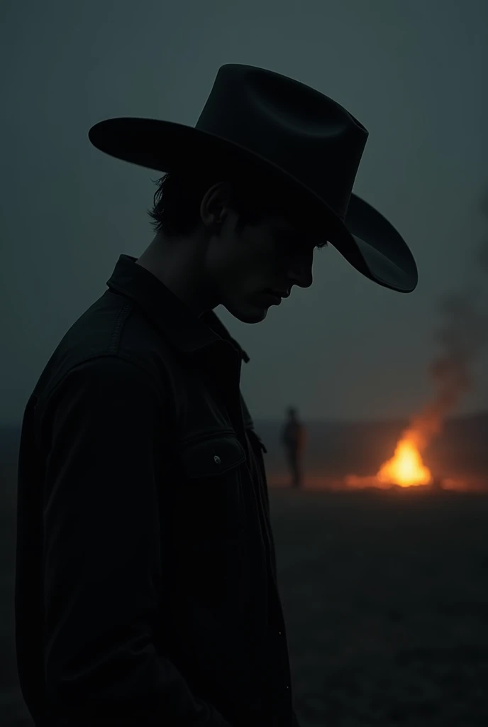 A young cowboy looking forward with his head slightly lowered and only his silhouette and nose slightly highlighted from the bridge of his face thanks to a dim campfire., the same image you generated only that his face cannot be seen