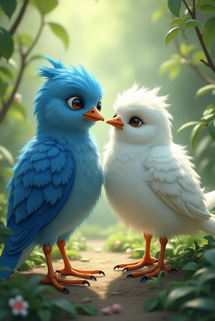 Seeking Treatment: The blue bird goes to a white wise bird for medical advice to heal her chicks. The wise bird is white, and it is shown helping the bird with her problem.