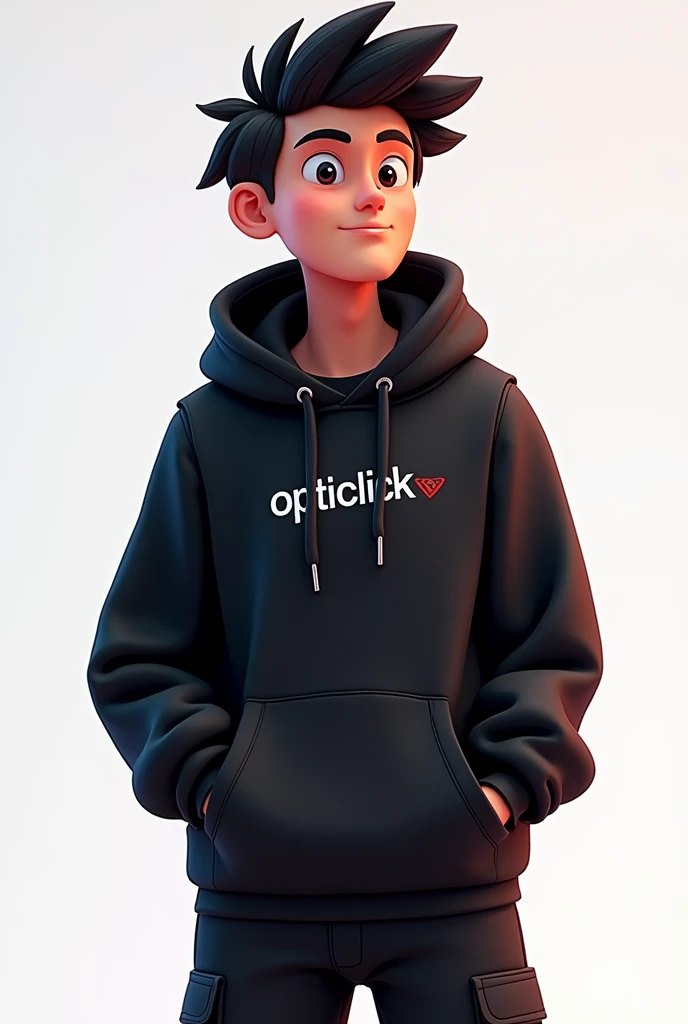 A cool young photogpraher animated  with black clothes wearing an hoodie written opticlick 