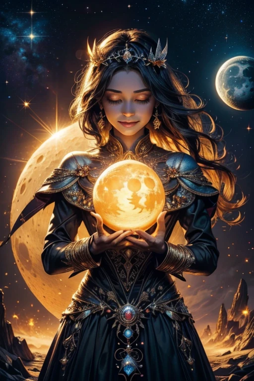 Orb of magician circle around the orb, hand, butterfly, creepy smile, sparkle, sun and moon, dark of fantastic and cosmological with universal. Amazing view very bright and warm starry. Detail, HD, Enchanted. Multiple colours.