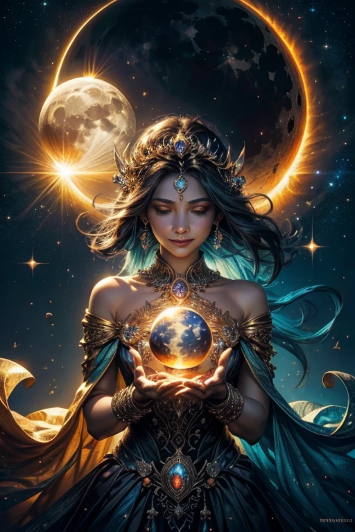 Orb of magician circle around the orb, hand, butterfly, creepy smile, sparkle, sun and moon, dark of fantastic and cosmological with universal. Amazing view very bright and warm starry. Detail, HD, Enchanted. Multiple colours.