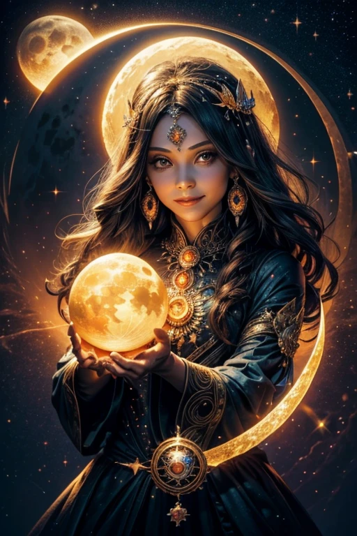 Orb of magician circle around the orb, hand, butterfly, creepy smile, sparkle, sun and moon, dark of fantastic and cosmological with universal. Amazing view very bright and warm starry. Detail, HD, Enchanted. Multiple colours.