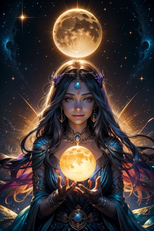 Orb of magician circle around the orb, hand, butterfly, creepy smile, sparkle, sun and moon, dark of fantastic and cosmological with universal. Amazing view very bright and warm starry. Detail, HD, Enchanted. Multiple colours.
