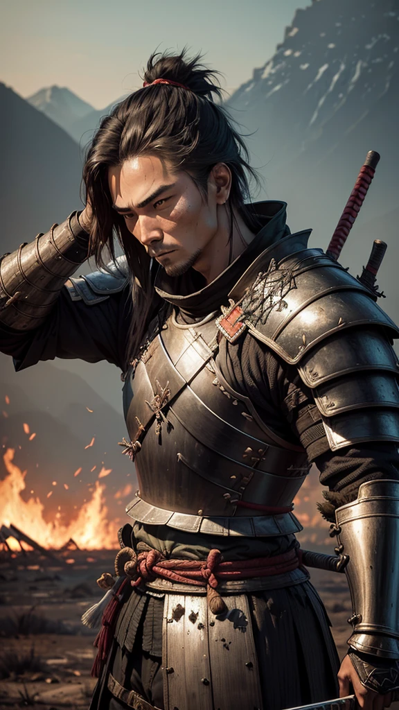 A samurai in armor hangs his head on a burnt battlefield A broken arrow is stuck in his body Holding a broken sword, looking out over the wilderness