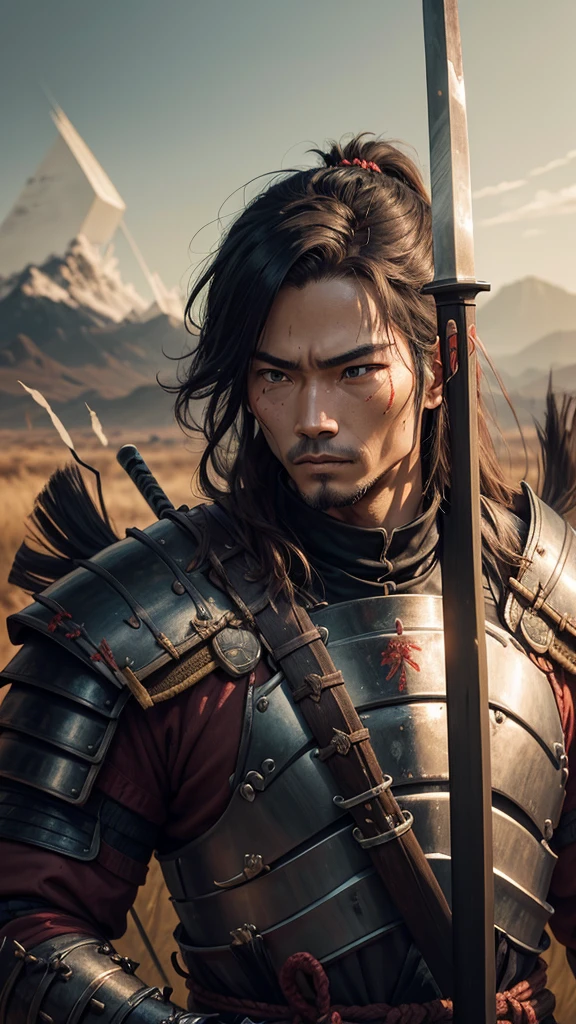A samurai in armor hangs his head on a burnt battlefield A broken arrow is stuck in his body Holding a broken sword, looking out over the wilderness
