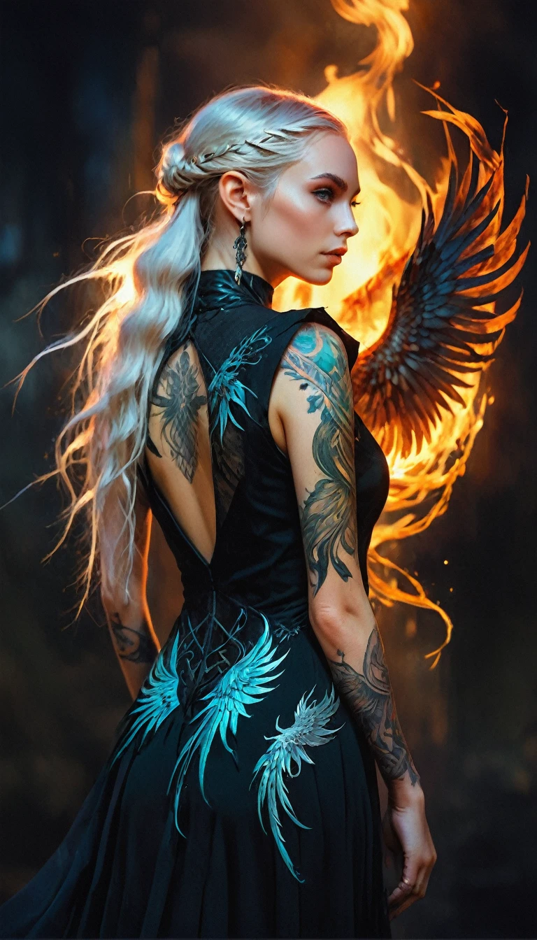 watercolor art, fantasy art, goth art, a picture of a tattoo on the back of a female elf, a glowing tattoo of a ((phoenix: 1.3)) on the elf's back, the ((phoenix tattoo)) is vivid, intricate detailed coming to life from the ink to real life, ((fire surrounds the phoenix: 1.5)), shoot taken from the back, ((the back is visible: 1.3), a most beautiful elf, exquisite beauty, small pointed ears, long hair,  she wears a transparent black dress, the dress is elegant, flowing, elven style, that the tattoos glow, dynamic hair color, dynamic hair style, rpg portrait