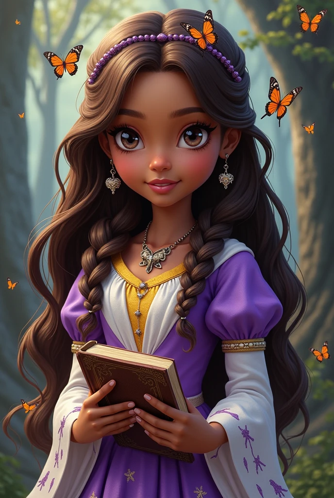 Imagem da filha da Cerise Hood e da Cedar Wood de Ever After High: You must have straight hair with brown waves, white locks and braids, dark brown skin, gray eyes, purple dress with white on top and yellow with purple on the bottom, wolf pendant, butterfly earrings, butterfly elements on clothes and hair and holding a book of fairy tales