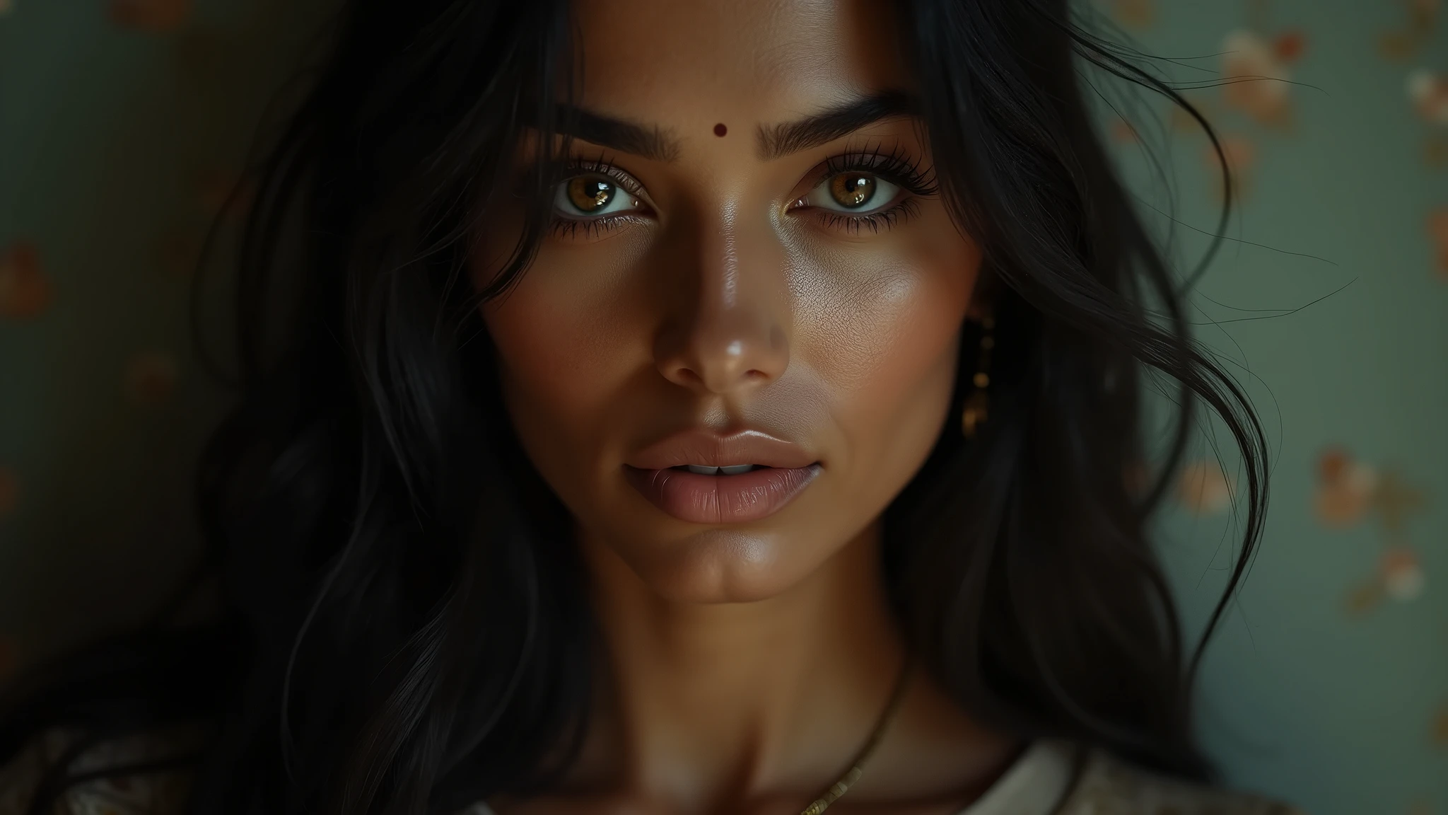 a beautiful mysterious Indian woman, Western fashion, intricate detailed face, piercing eyes, long eyelashes, delicate skin, natural beauty, flowing hair, candid elegant pose, dramatic lighting, cinematic mood, muted color palette, chiaroscuro lighting, high quality, photorealistic, 8k, intricate details, professional rendering