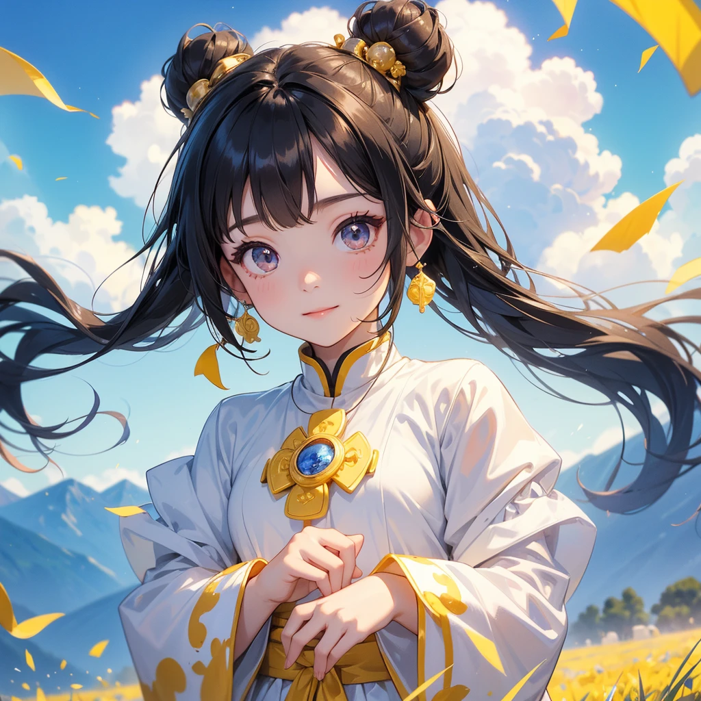 A chibi child girl had a small face and Wearing white little Taoist priest's outfit. A pair of big round eyes shone with curiosity about him. This child was so cute! ,her hair is black with two buns on her hair.small chibi, chibi baby, smiling,The little chibi baby looked up with his chest raised, and his face was old and proud.
Standing in the midst of a field of bright yellow gold fields, behind which are mountains, there are low clouds floating in the blue sky.