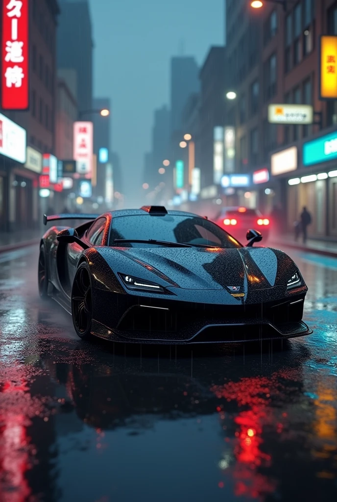 A black scorpio car in rain water 

