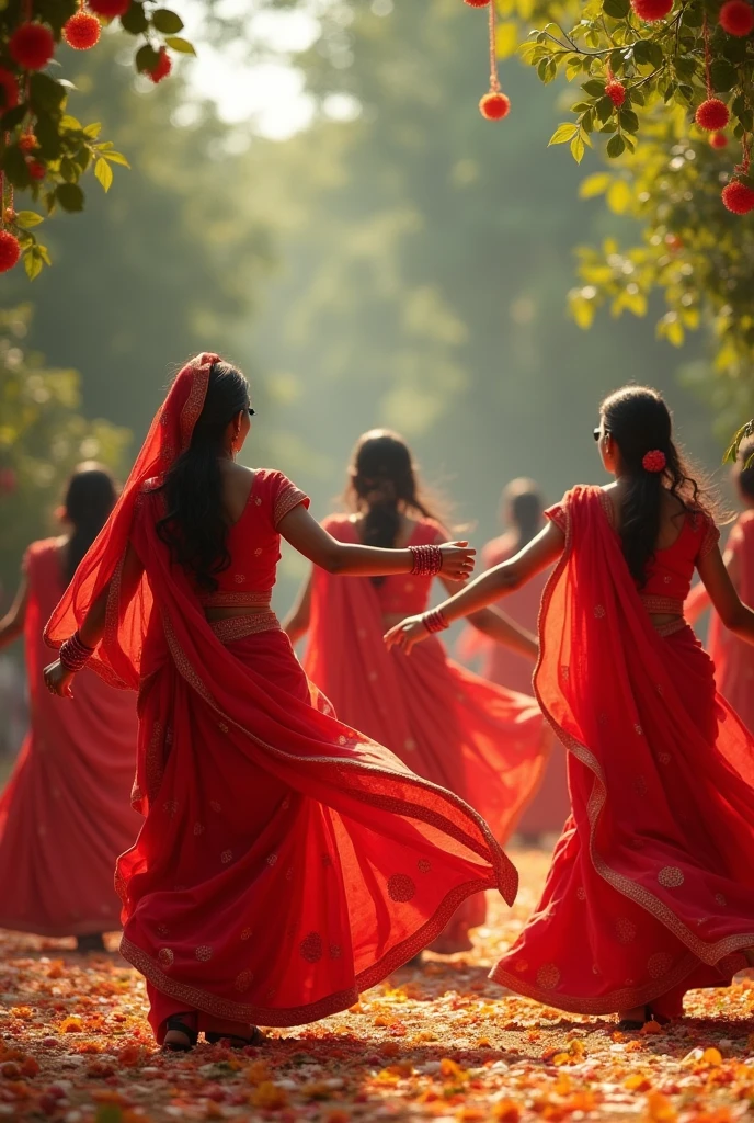teej festival , colour full background, women in red sari, playing dhol, dancing background , live food counter of desert , counter of live foods of momo, pasta, green resort background