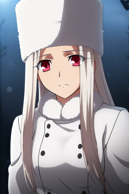 Irisviel Von Einzbern, (large breasts), oversized breasts, long hair, (platinum-blonde hair), white fur coat, white fur hat, solo, facing the viewer, looking at the viewer, sad facial expression, (night time), (foggy weather), (snow), close-up, view from below