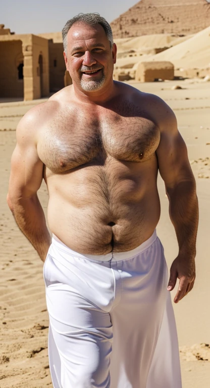(best quality,4k,8k,highres,masterpiece:1.2), age 50, white man, horny disgusting, stud, muscular chubby, kind, fat, mature daddy, big belly, thick arms, dilf, arab, white dress, white dishdashah, in the desert, Egypt, arab clothes, dishdashah, white thawb, big chest and belly, smiling, clean shaven,