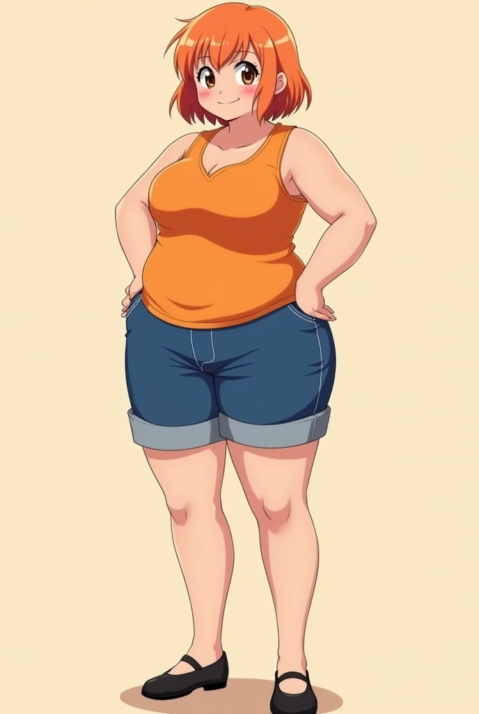 a cartoon adult girl, anime girl, cell shaded adult animation, shorts, orange hair, solo, short hair, smile, full body, 4k hd, legs visible, tall, blue shorts and an orange tank, brown eyes, 1girl, in black Flats, 4k hd, wide, chubby girl