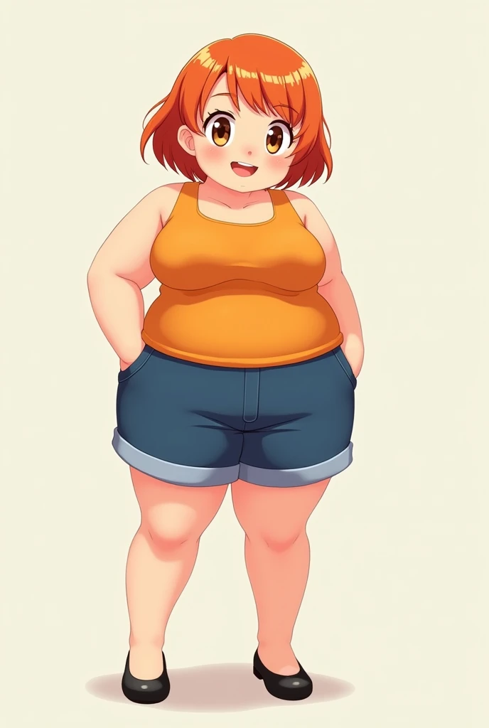 a cartoon adult girl, anime girl, cell shaded adult animation, shorts, orange hair, solo, short hair, smile, full body, 4k hd, legs visible, tall, blue shorts and an orange tank, brown eyes, 1girl, in black Flats, 4k hd, wide, chubby girl