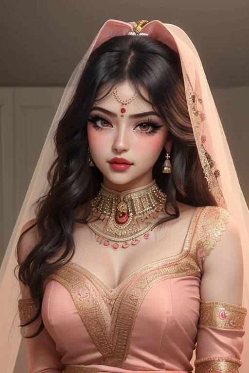 1 girl, upper body shot, detailed face, cute face, peach skin tone, smooth skin, blush red cheeks and face, light smirk, long curly hair, attractive makeup, heavy makeup, long eyelashes, long eyeliner, excessive eye makeup, black smokey eyeshadow, heavy eyeshadow, glossy baby pink lipstick, glossy lips, heavy makeup, Indian traditional wedding dress, shoulderless, long separate sleeves, lace veil, soft light