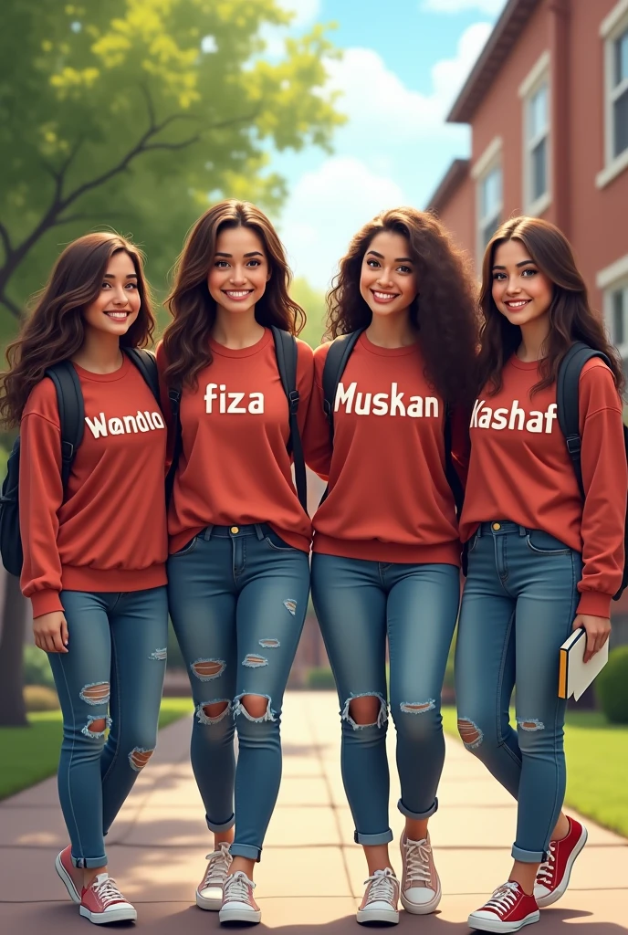 4 female best friend written name on their shirt warda , fiza, muskan, kashaf setting in college🎓