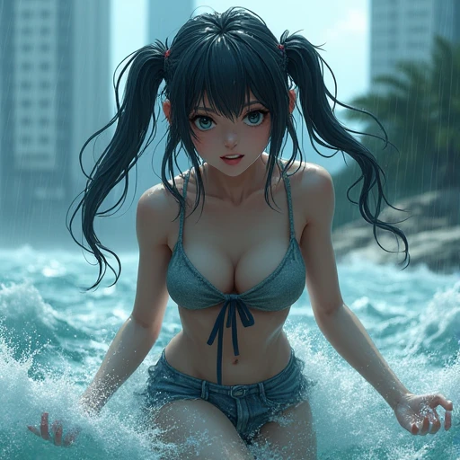 　> Ocean　typhoon　Strong winds　downpour　Girl　Soaked through　Smilingly glare　The background is the city　Zoom Layer, Twin tails, 