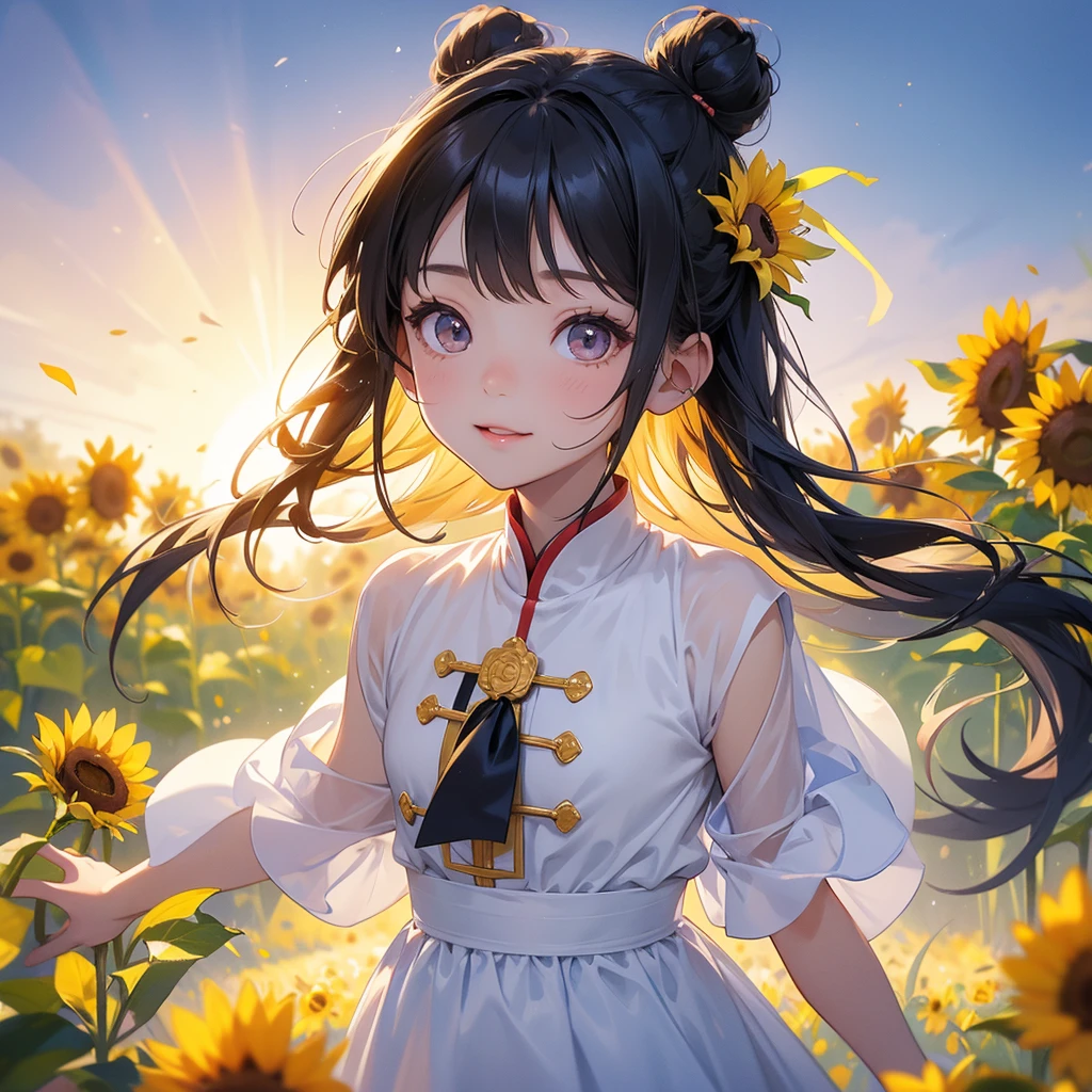 A chibi child girl had a small face and Wearing white little Taoist priest's outfit. A pair of big round eyes shone with curiosity about him. This child was so cute! ,her hair is black with two buns on her hair.small chibi, chibi baby, smiling,The little chibi baby looked up with his chest raised, and his face was old and proud.

Strolling among the sunflower fields Glowing yellow,


