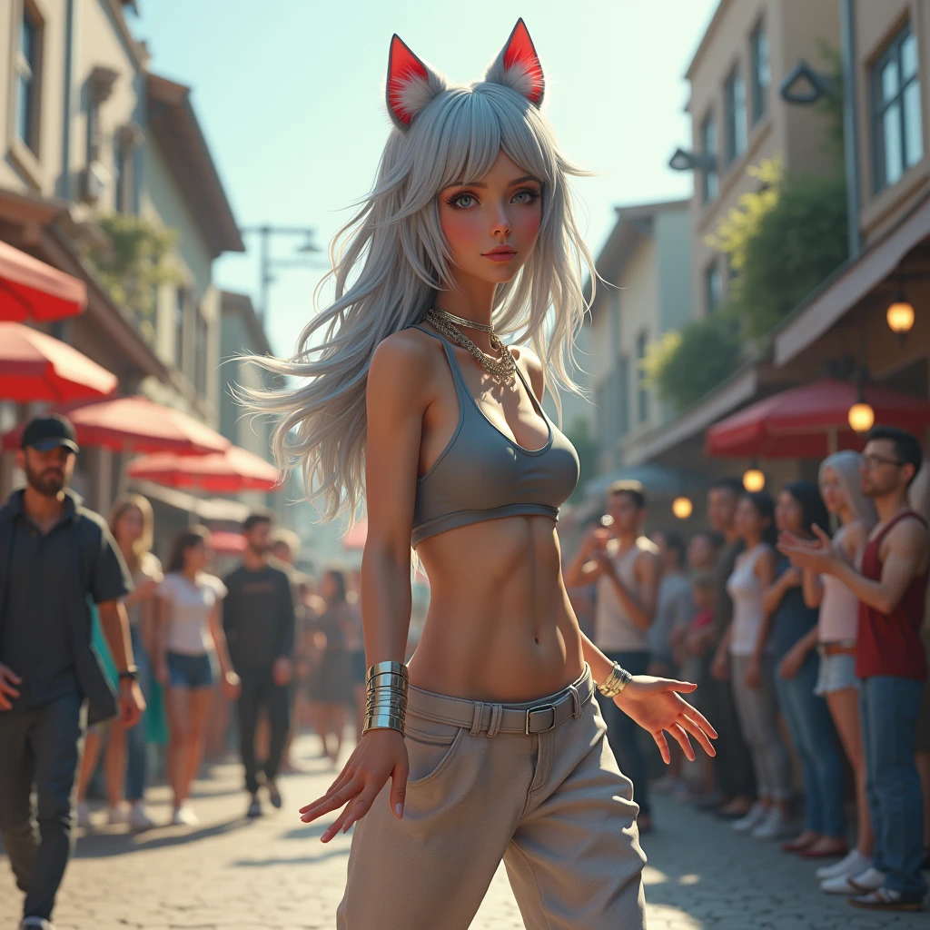 High resolution、超High resolution, number々Awards for, Anatomically correct, In town, audience, Surrounded, woman, dancer, Silver Hair, Long Hair, Cat ear, Hip Hop Dance, 3D Rendering, 3DCG, Precision, detail, Strength, Coolness