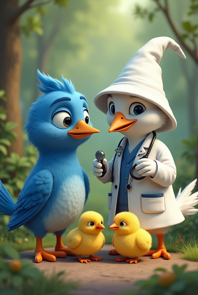 Seeking Treatment: The blue bird goes to a white wise bird for medical advice to heal her chicks. The wise bird is he wearing doctor dress, and it is shown helping the bird with her problem.
