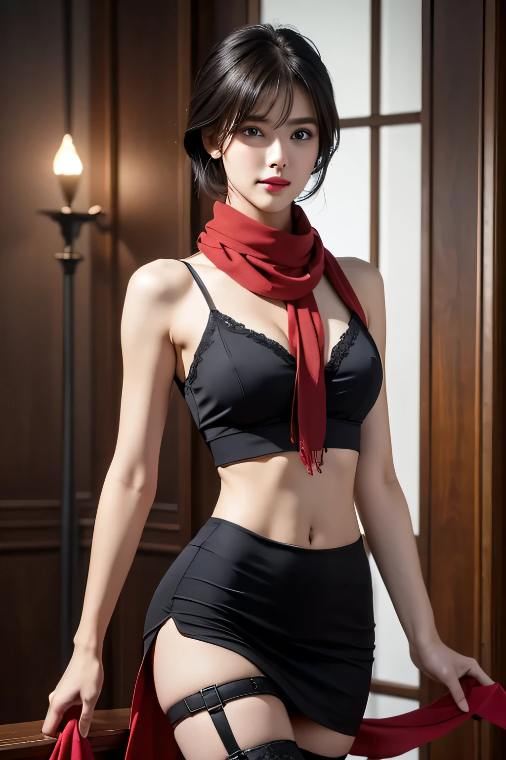 High-quality work,Realistic works,Super premium graphics,8K HD CG works,high quality graphics,High-definition and exquisite CG works,10x pixels,Ultra-fine details:1.1,Advanced technical details:1.1Realistic photo effects,Interior lighting effects:1.5,natural soft light:1.5. Light effect(Virtual light effects:1.8),ultra high resolution,shining dress,sliver long hair,silber hair,transparenthair,high detailed hair(Quality hair details:1.1)Clear eyes,Double eyelids look good,Sharp eye makeup, Create exquisite eyelash makeup, tthin eyebrows, Ultra-detailed eyes,a tall nose, lovely red lips, rosey cheeks, With delicate makeup on her face , pretty face, The face shape is perfectly proportioned,(Advanced facial details:1.1)8K, Top Quality, Intricate Details, Ultra Detail, Ultra High Resolution, Masterpiece, random angle, mikasa ackerman, Slender, Smile, (Makeup: 0.4), (Fluffy Blue Eyes: 1.21), blue Eyes,, ((full body)), 1girl, solo, 1 girl, (( full body)), close-up shot, , , ((tall)), (((fit body))), (((slim face))), sharp face, sharp eyes, (((black hair, short hair, bangs )) ,(detailed face), sharp face, small lips, thin lips, ((red scarf, crop top, thigh strap)), detailed face, detailed breast, , large breast, detail, , Beautiful girl with accentuated slender abs: 1.4, Six Pack Abs: 1.4, Bust Botox, Big, Perfect Body, detail leg, (( moonlight)), ocean , Women's artwork,Dress full body video,Realism,Amazing Cleavage,My eyes are very bright today
