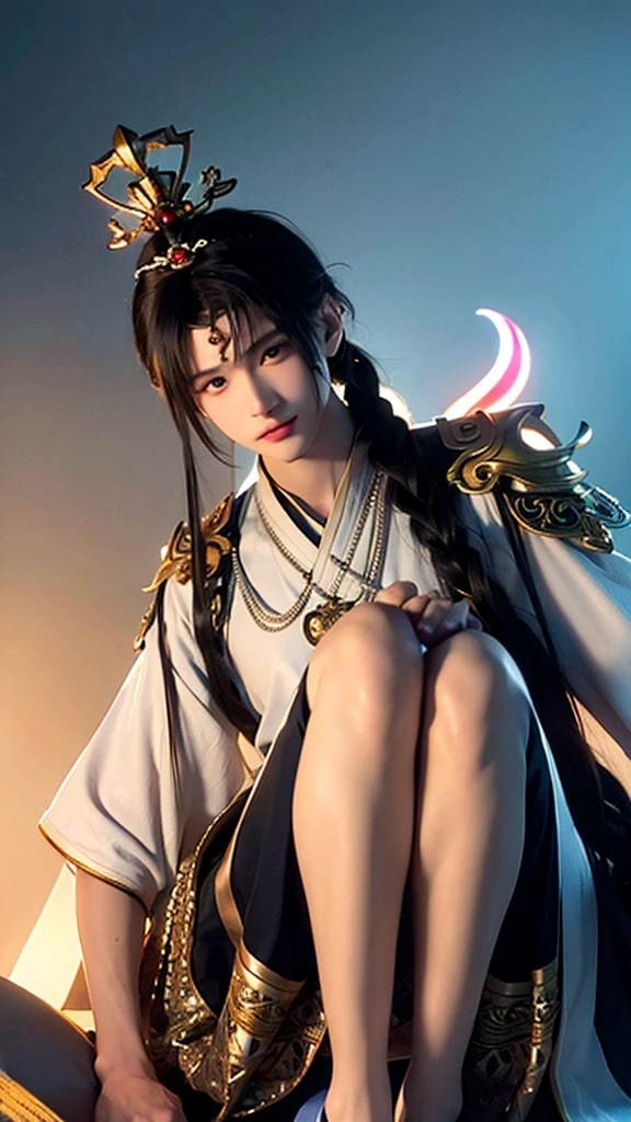 He is a young man, high, slender and thin, curly brown hair, tied to a ponytail and a Chinese crown with an orchid, White skin, eyes like light blue peach, Thin nose, fine reddish fleshy lips, On his forehead a jewel, a thin chain and a blue gem in the middle of his forehead tied to the chain, Navy blue tunic, black boots, bottom of a mountain, The image dates back to ancient China, He is a young man like a teenager.