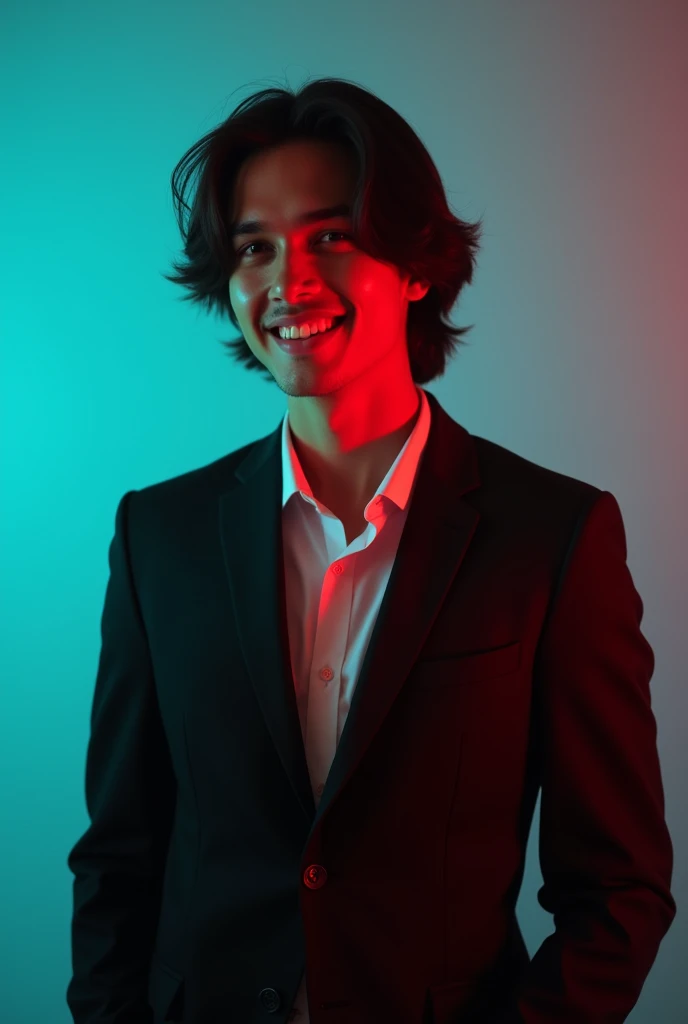 A young Man With Dark long hair and a confident smile He is Dressed in a black blazer over a white shirt The man is positioned against aqua colour backdrop with a subtle red lighting on t