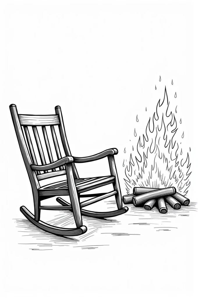 Create a manga Art, Black Outline on White Background for a Printable Coloring Book of A rocking chair by a cozy fireplace.