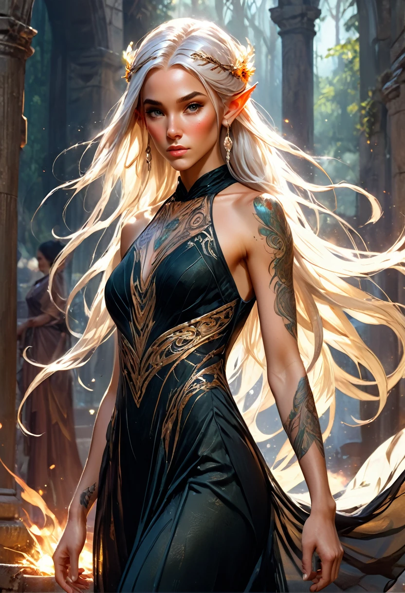 watercolor art, fantasy art, goth art, a picture of a tattoo on the back of a female elf, a glowing tattoo of a ((phoenix: 1.3)) on the elf's back, the ((phoenix tattoo)) is vivid, intricate detailed coming to life from the ink to real life, ((fire surrounds the phoenix: 1.5)), shoot taken from the back, ((the back is visible: 1.3), a most beautiful elf, exquisite beauty, small pointed ears, long hair,  she wears a transparent black dress, the dress is elegant, flowing, elven style, that the tattoos glow, dynamic hair color, dynamic hair style, rpg portrait