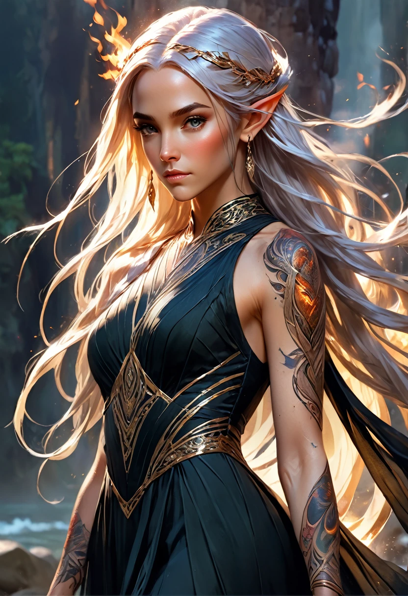 watercolor art, fantasy art, goth art, a picture of a tattoo on the back of a female elf, a glowing tattoo of a ((phoenix: 1.3)) on the elf's back, the ((phoenix tattoo)) is vivid, intricate detailed coming to life from the ink to real life, ((fire surrounds the phoenix: 1.5)), shoot taken from the back, ((the back is visible: 1.3), a most beautiful elf, exquisite beauty, small pointed ears, long hair, she wears a transparent black dress, the dress is elegant, flowing, elven style, that the tattoos glow, dynamic hair color, dynamic hair style, rpg portrait