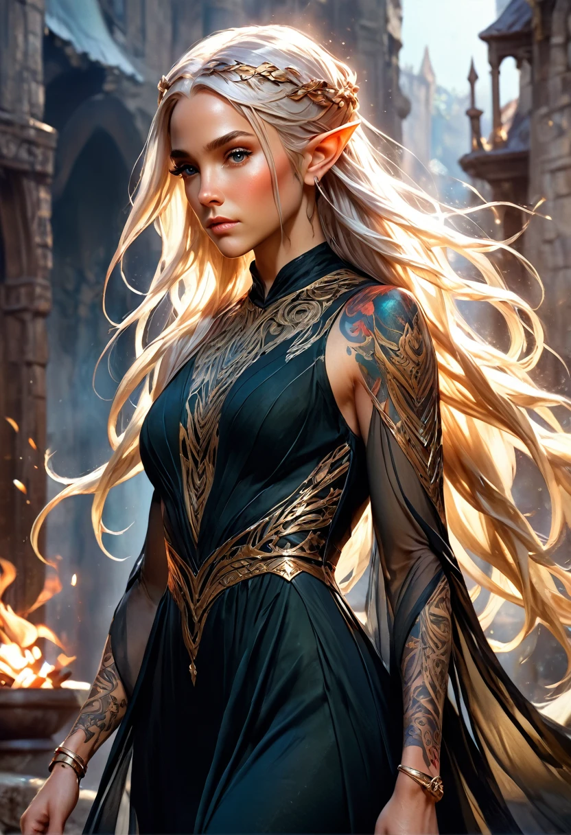 watercolor art, fantasy art, goth art, a picture of a tattoo on the back of a female elf, a glowing tattoo of a ((phoenix: 1.3)) on the elf's back, the ((phoenix tattoo)) is vivid, intricate detailed coming to life from the ink to real life, ((fire surrounds the phoenix: 1.5)), shoot taken from the back, ((the back is visible: 1.3), a most beautiful elf, exquisite beauty, small pointed ears, long hair, she wears a transparent black dress, the dress is elegant, flowing, elven style, that the tattoos glow, dynamic hair color, dynamic hair style, rpg portrait