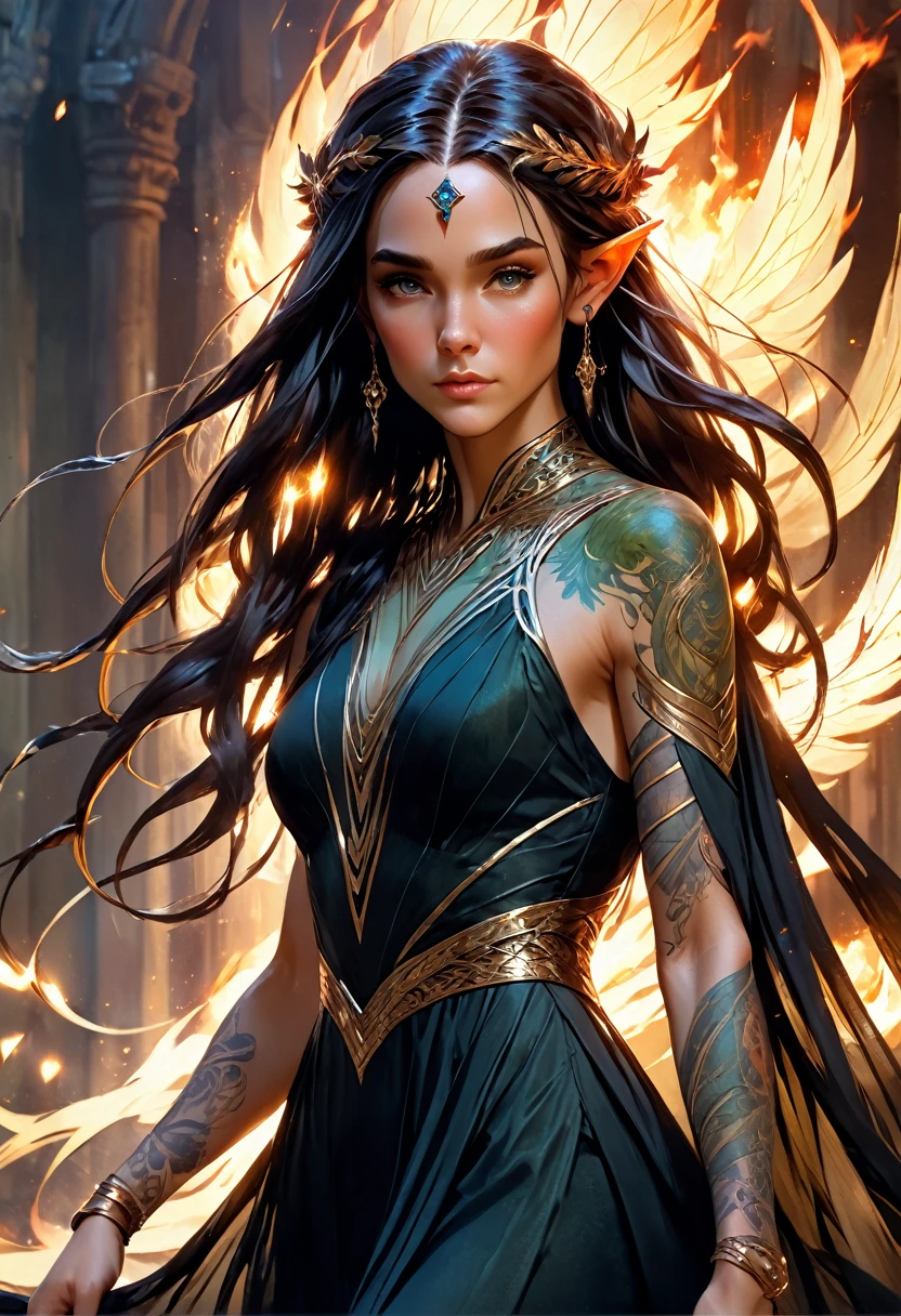 watercolor art, fantasy art, goth art, a picture of a tattoo on the back of a female elf, a glowing tattoo of a ((phoenix: 1.3)) on the elf's back, the ((phoenix tattoo)) is vivid, intricate detailed coming to life from the ink to real life, ((fire surrounds the phoenix: 1.5)), shoot taken from the back, ((the back is visible: 1.3), a most beautiful elf, exquisite beauty, small pointed ears, long hair, she wears a transparent black dress, the dress is elegant, flowing, elven style, that the tattoos glow, dynamic hair color, dynamic hair style, rpg portrait
